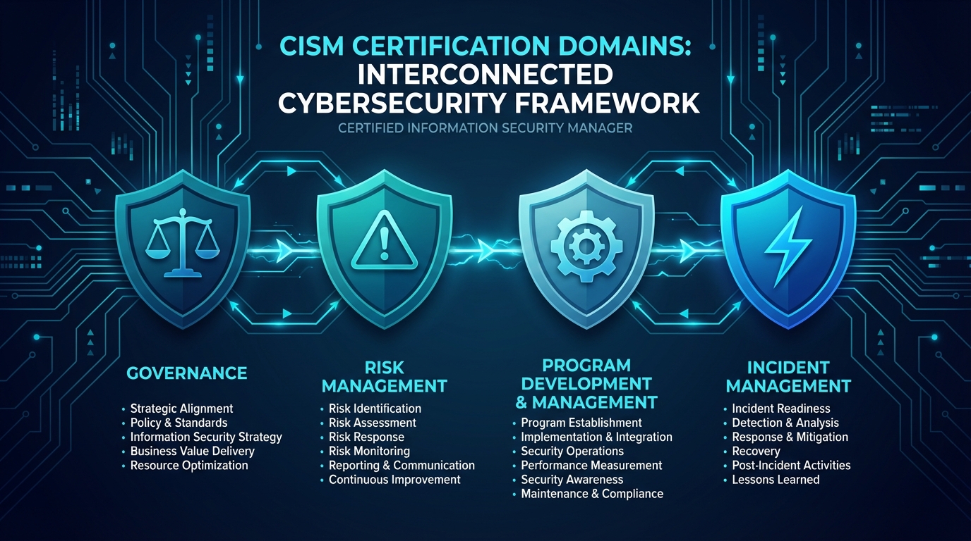 The four CISM domains — governance, risk management, program development, and incident management — visualized as interconnected pillars