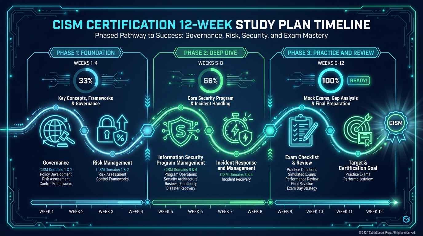12-week CISM study plan timeline showing three phases: foundation, deep dive, and practice